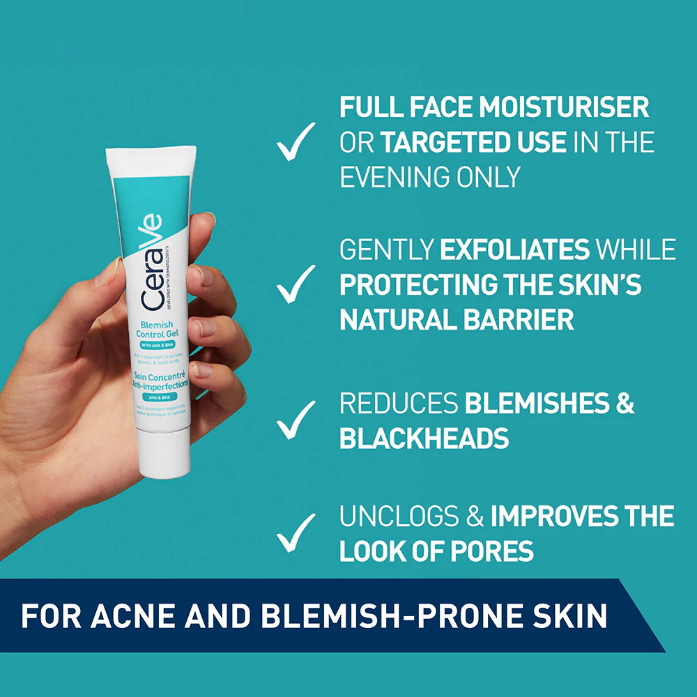 CeraVe Blemish Control Gel Facial Moisturiser For Acne & Blemishes with Glycolic Acid and Lactic Acid AHA/BHA 40ml - Image 2