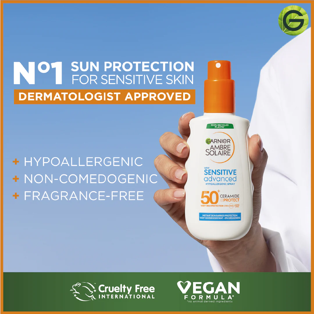 Garnier Ambre Solaire Sensitive Advanced SPF 50+ Ceramide Protect Sunscreen Spray For Adults 150ml - Image 3