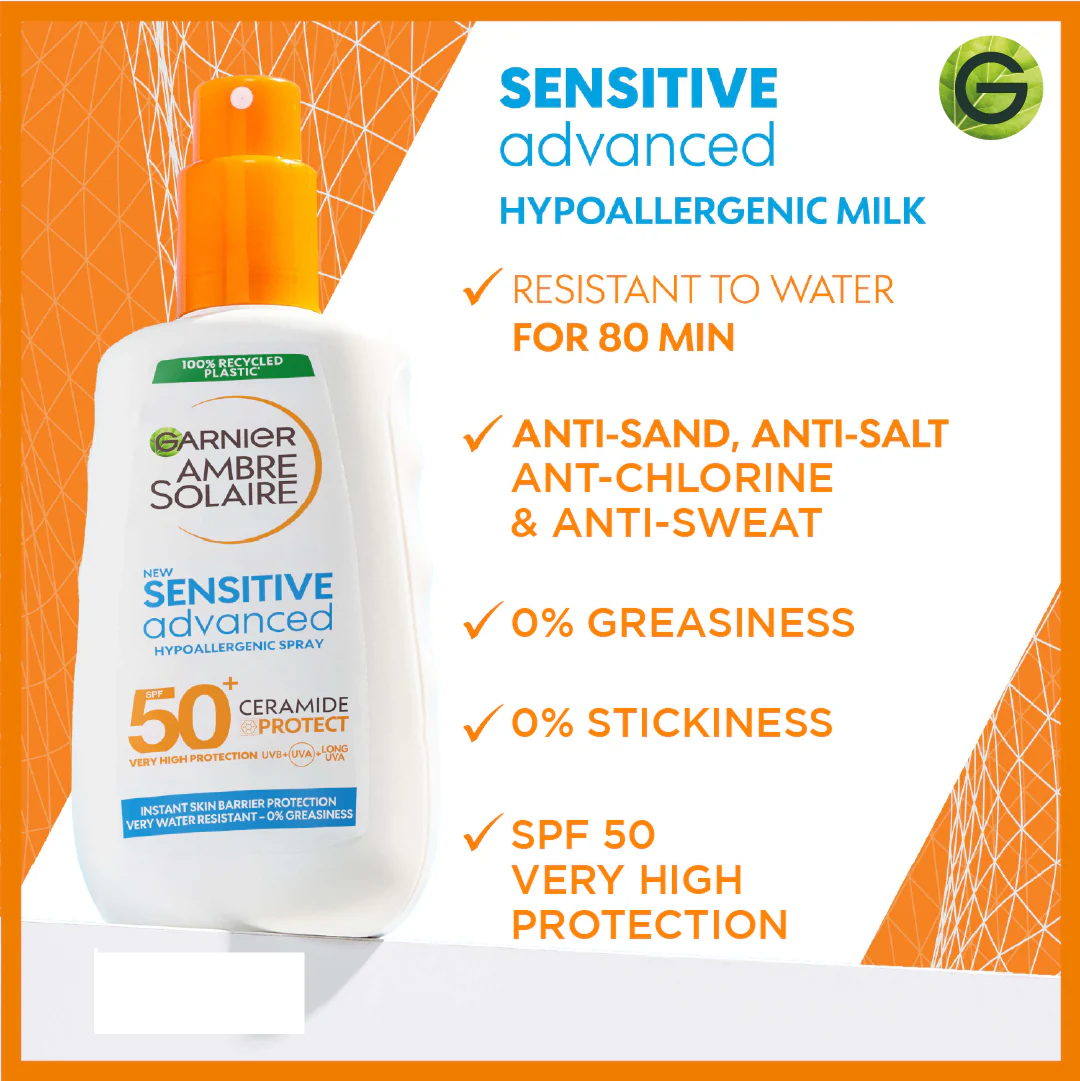 Garnier Ambre Solaire Sensitive Advanced SPF 50+ Ceramide Protect Sunscreen Spray For Adults 150ml - Image 7