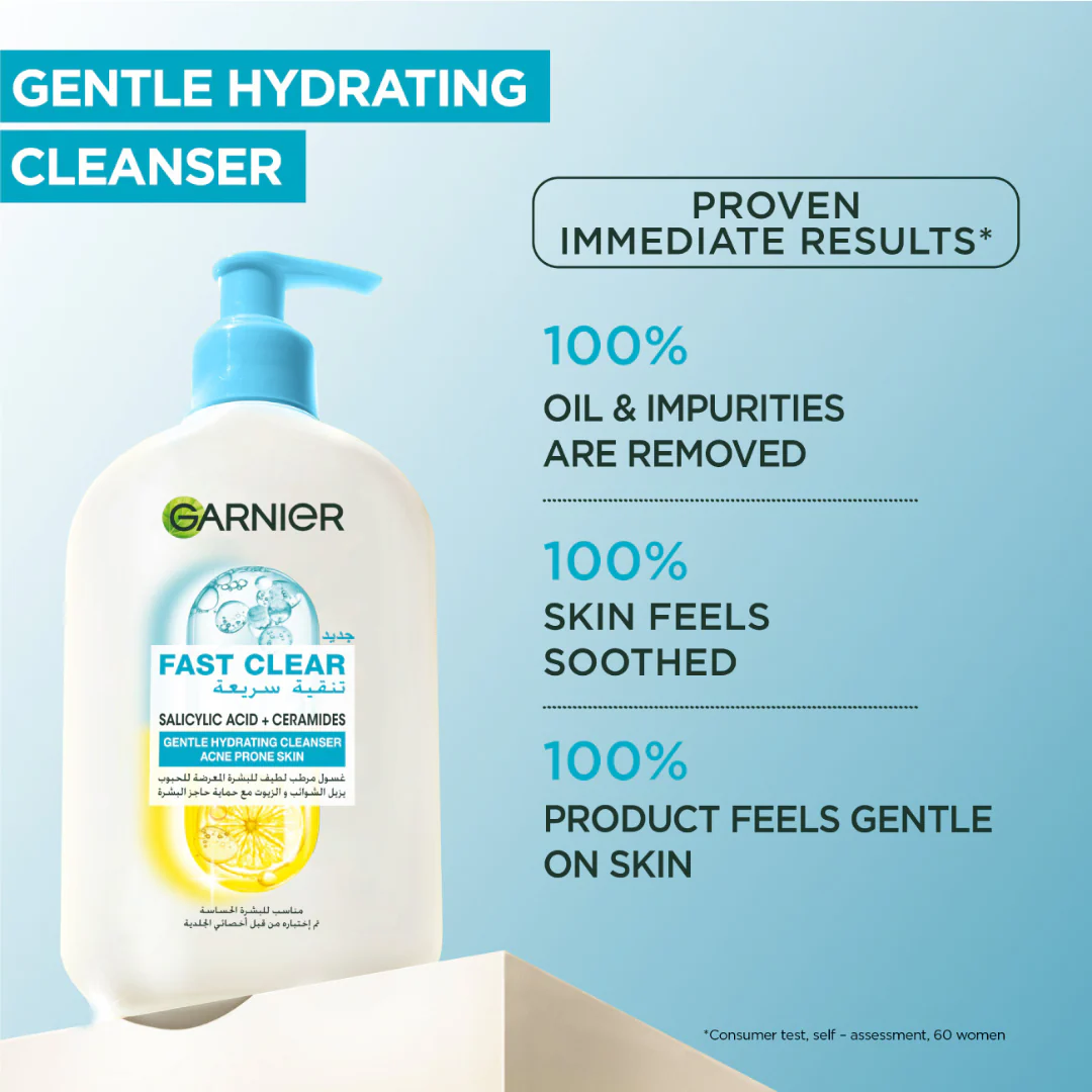 Garnier Fast Clear Gentle Cleanser Hydrating Face Wash for Acne Prone Skin 250ml - Image 2