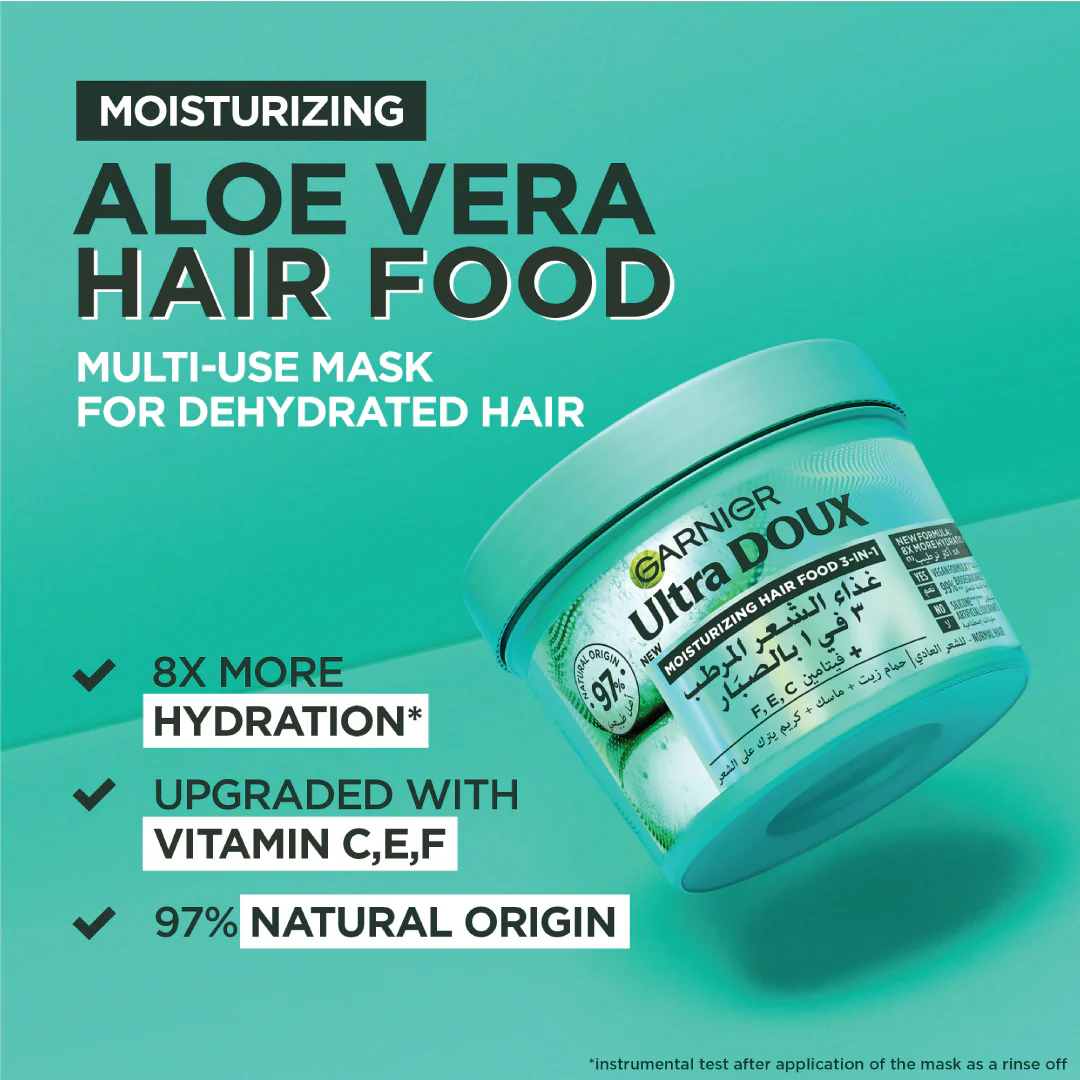 Garnier Ultra Doux Aloe Vera Vegan Hair Food 3in1 Mask For Dehydrated Hair, Boosted With Vitamins C, E & F - Image 3
