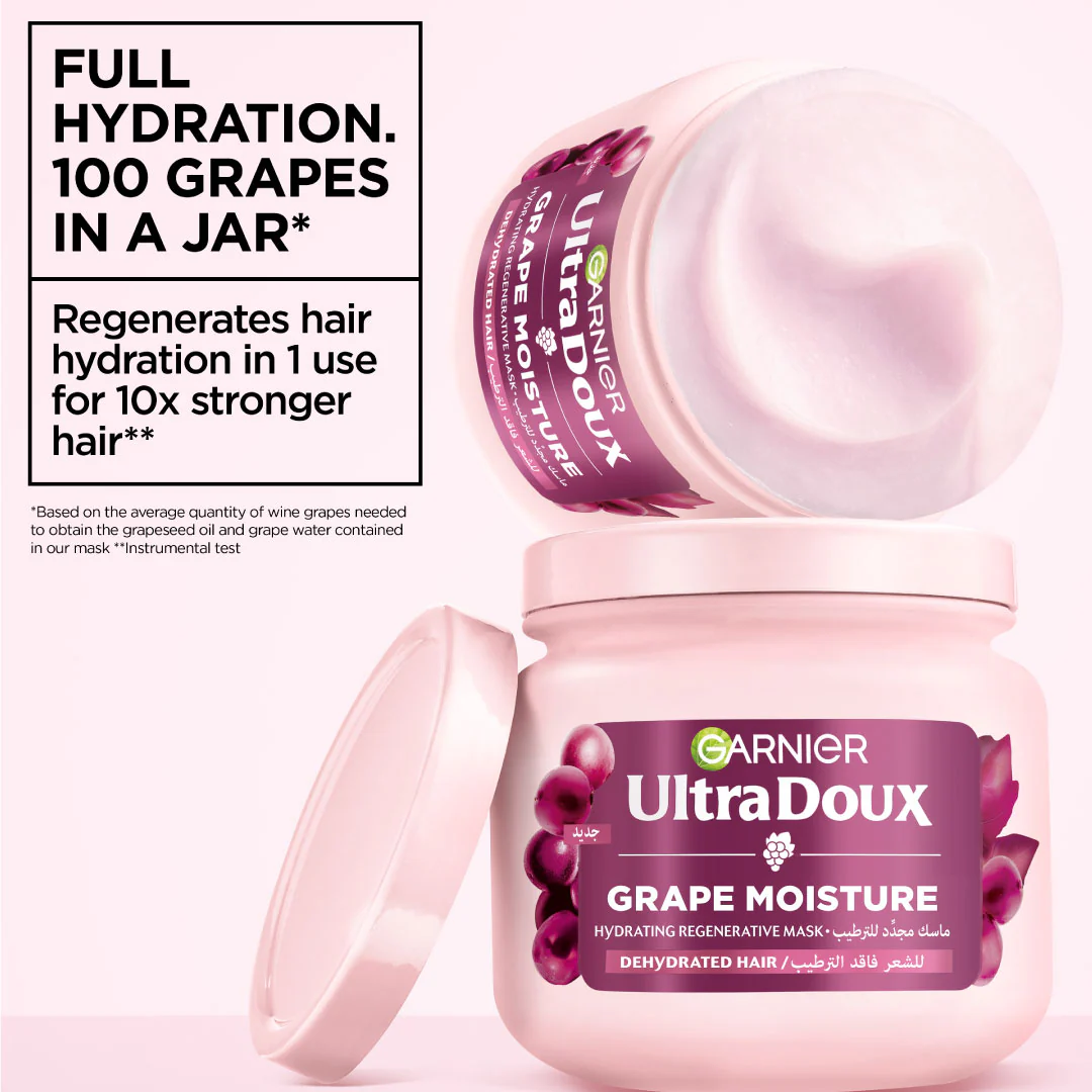 Garnier Ultra Doux Grape Moisture Deep Regenerative Mask for Dehydrated Hair With Hydrating Grape Water + Antioxidant Grapeseed Oil - Image 2