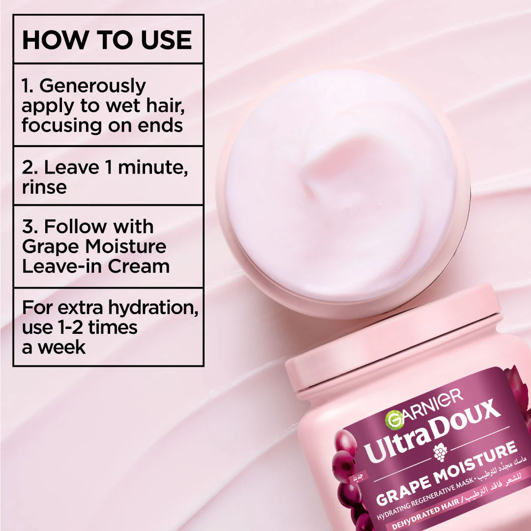 Garnier Ultra Doux Grape Moisture Deep Regenerative Mask for Dehydrated Hair With Hydrating Grape Water + Antioxidant Grapeseed Oil - Image 5