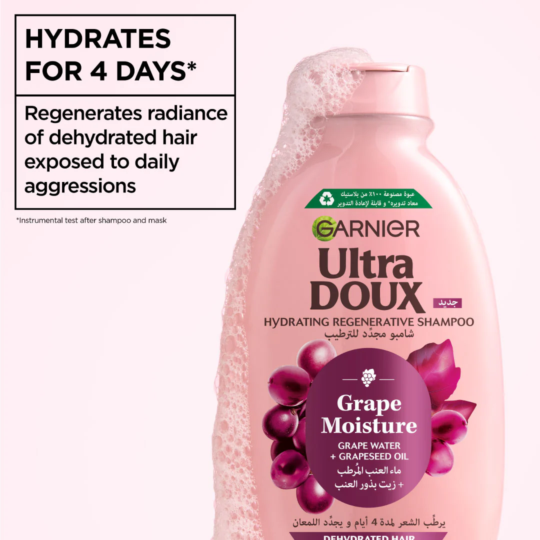 Garnier Ultra Doux Grape Moisture Hydrating Regenerative Shampoo for Dehydrated Hair With Hydrating Grape Water + Antioxidant Grapeseed Oil - Image 2