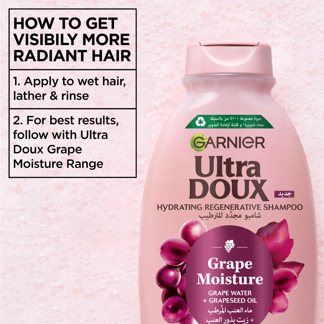 Garnier Ultra Doux Grape Moisture Hydrating Regenerative Shampoo for Dehydrated Hair With Hydrating Grape Water + Antioxidant Grapeseed Oil - Image 5