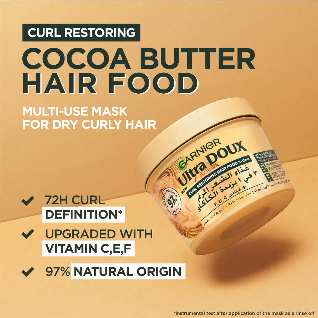 Garnier Ultra Doux Vegan Hair Food Cocoa Butter And Jojoba Oil 3-In-1 Treatment Mask For Curly Hair - Image 3