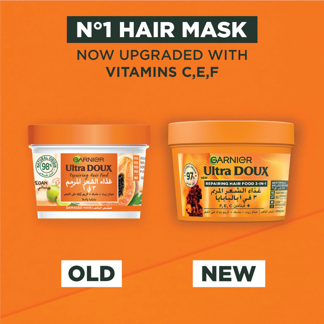 Garnier Ultra Doux Papaya Vegan Hair Food 3in1 Mask for damaged hair, Boosted with Vitamins C, E & F - Image 2