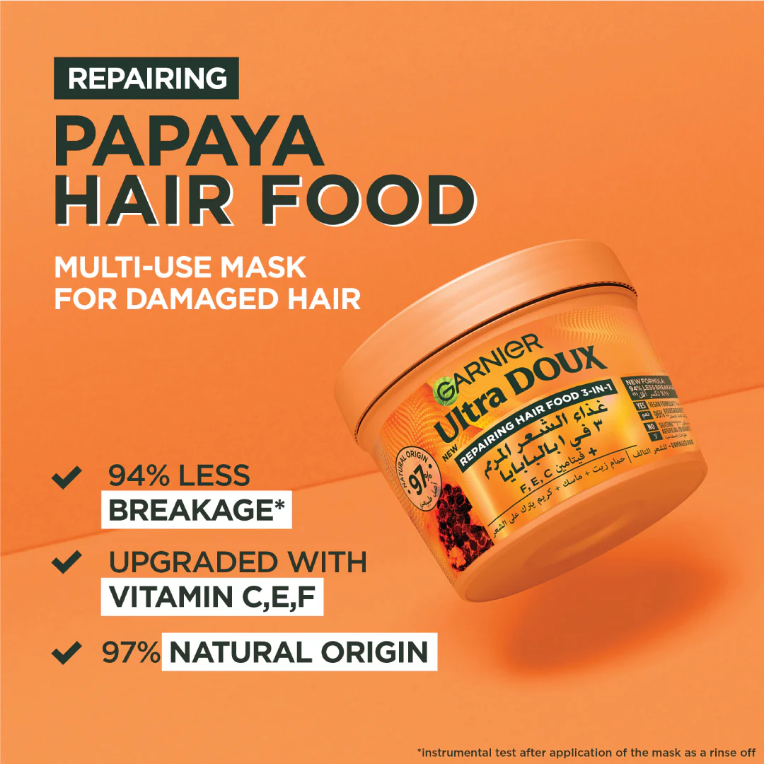 Garnier Ultra Doux Papaya Vegan Hair Food 3in1 Mask for damaged hair, Boosted with Vitamins C, E & F - Image 3
