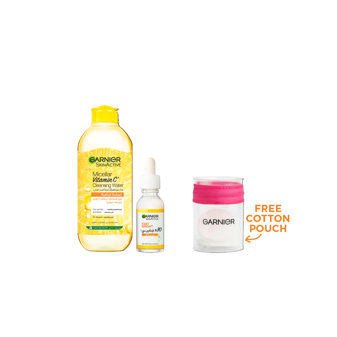 Garnier Vitamin C Micellar Water & Serum Bundle At 15% Off + Free Cotton Pouch