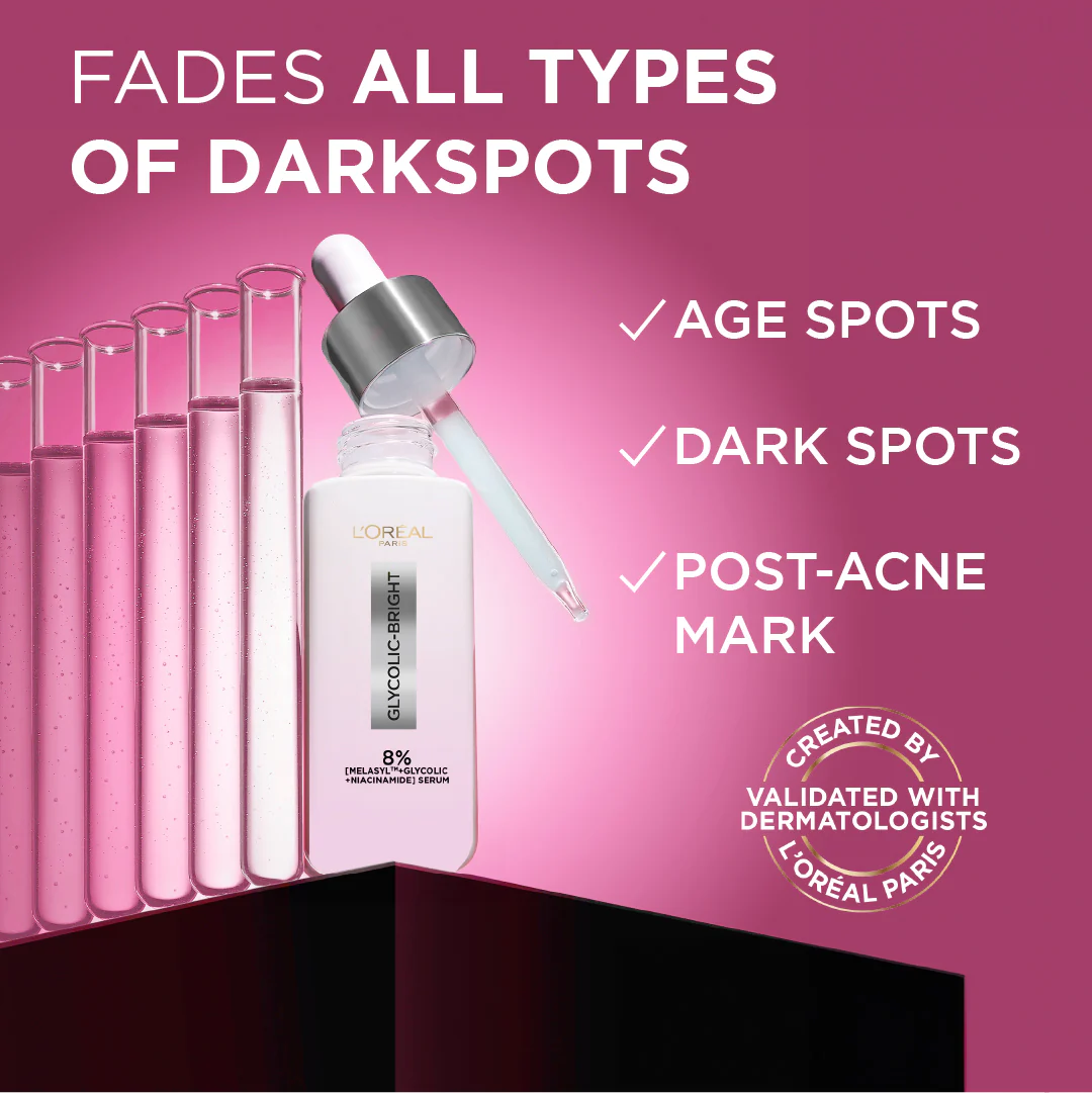 L’Oréal Paris Glycolic Bright Serum with 8% [Melasyl ™ + Glycolic Acid + Niacinamide] face serum for Dark Spots & Brightening 30ml - Image 3