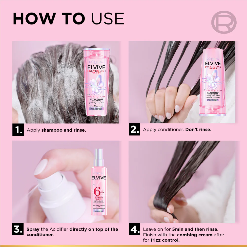L’Oréal Paris Elvive Glycolic Gloss 5-minute Lamination Rinse-Off, At-home glossing Acidifier treatment, 6% [Gloss Complex] with Glycolic Acid, For Dull Hair, 200ml - Image 8