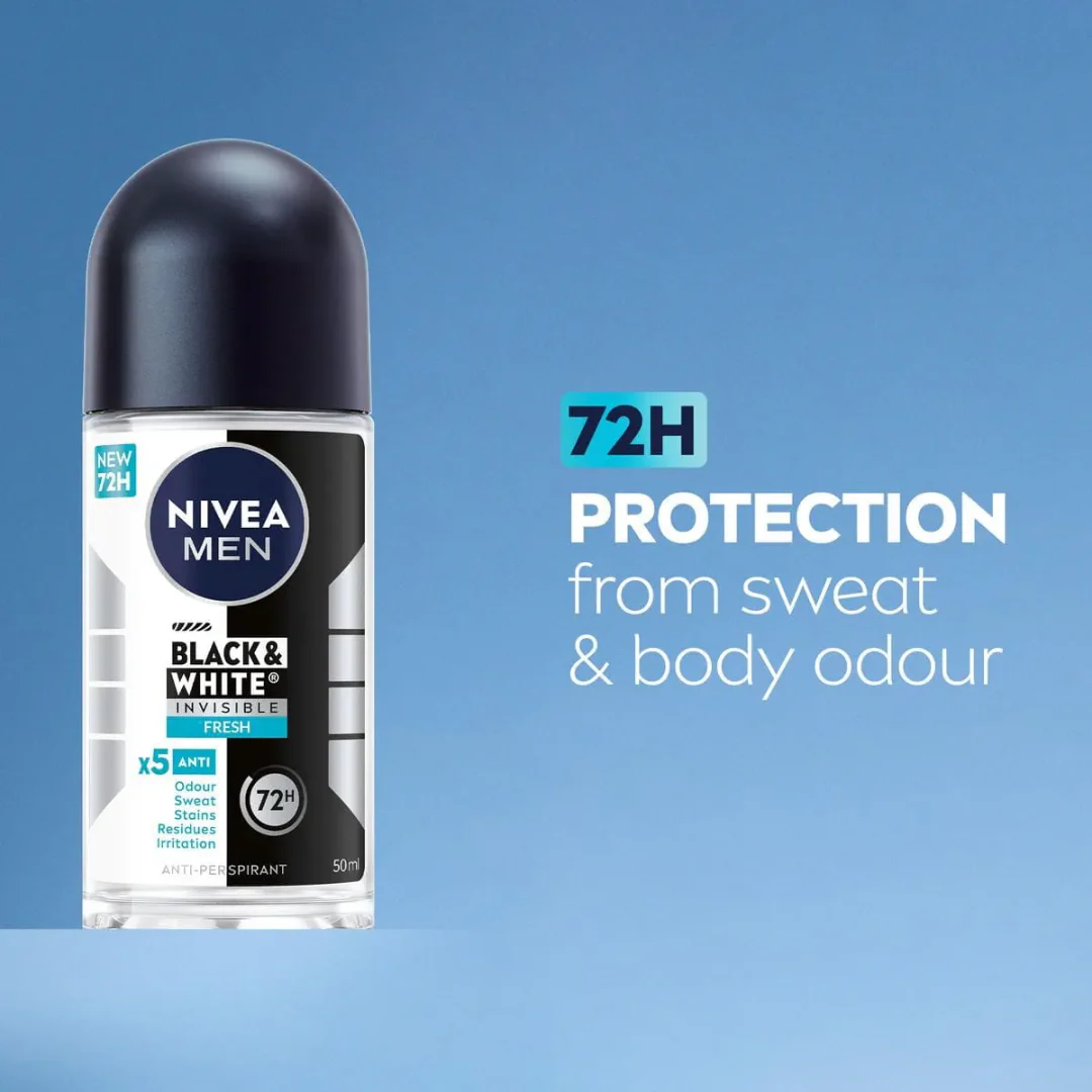 Nivea Black & White Invisible Fresh Deodorant Roll-On For Men 50ml - Image 2